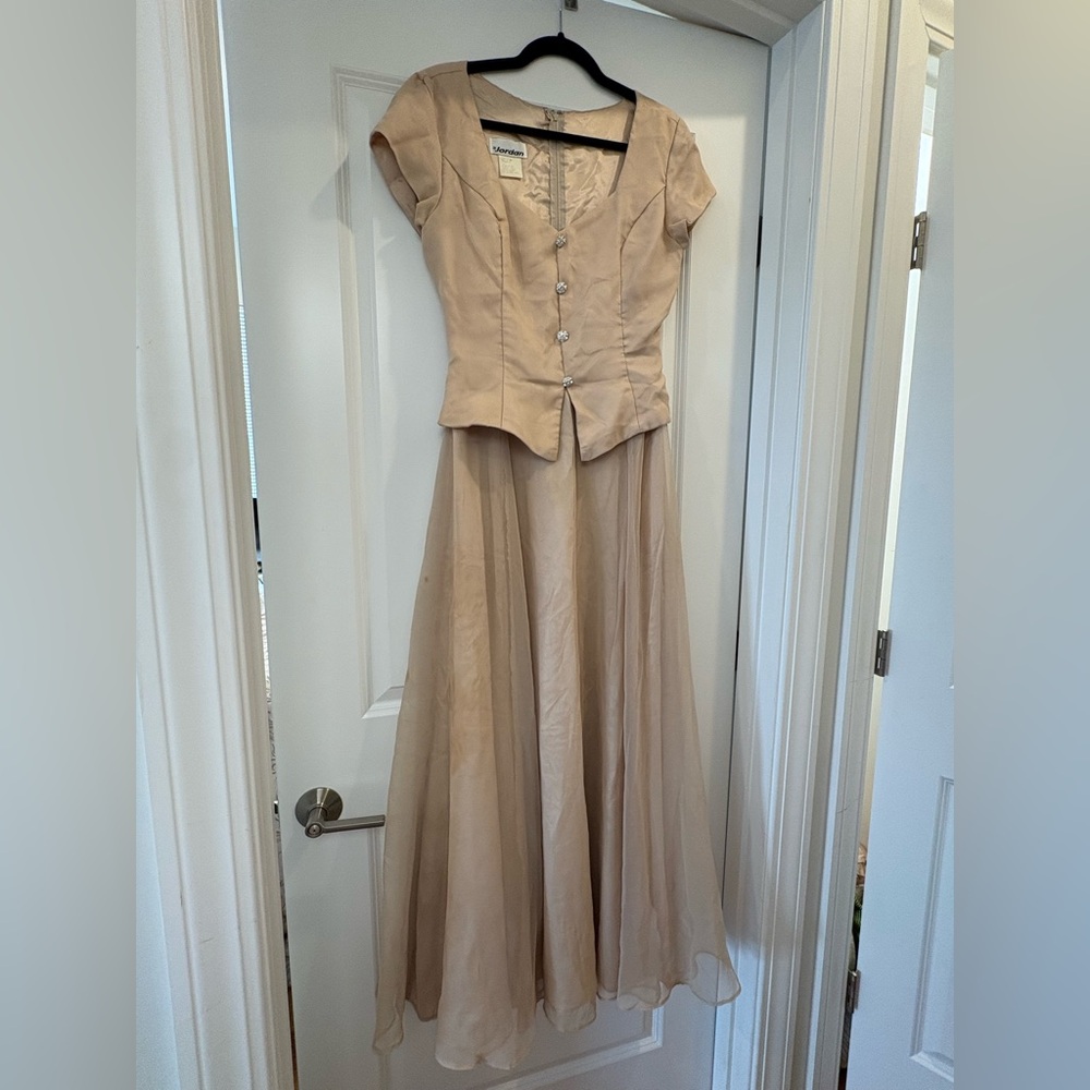 Jordan Champagne Formal Chiffon Gown with Peplum and Crystal Buttons (Size 9/10)